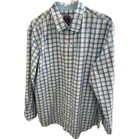Robert Graham Mens Button Down Shirt White Blue Plaid W/Flip Up Cuff Design 1xl - Picture 1 of 10